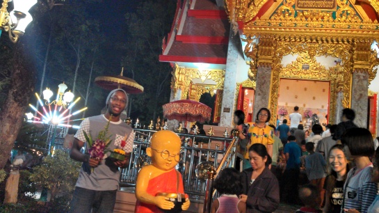 Me outside the temple with Buddhist Bart Simpson.